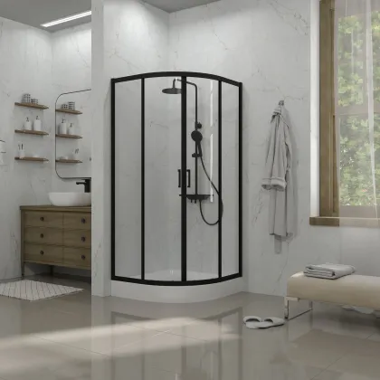 Душова кабіна розсувна, напівкругла Dakota 900*900*1850мм, black matt, cкло 5мм, clear — Photo 1