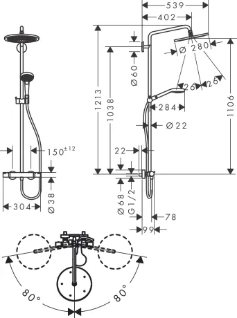 CROMA SELECT S душова система Showerpipe 280, 1jet, з термостатом, з ручним душем Raindance Select S 120, 3jet, полiроване золото — Photo 1