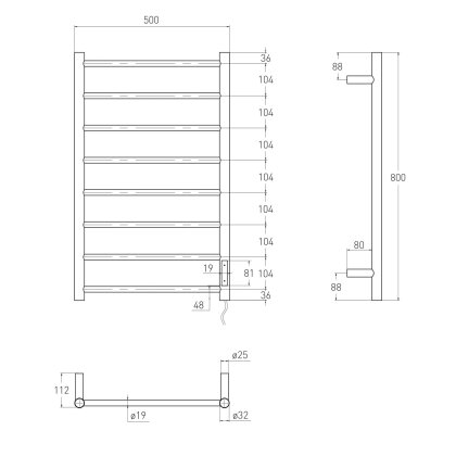 RONDO електрична рушникосушарка R, 120W, 500*800мм, сталь 304, 8 перемичок коло, таймер, термостат 70°С, blanco — Photo 1