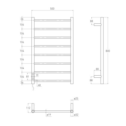 RONDO електрична рушникосушарка L, 120W, 500*800мм, сталь 304, 8 перемичок коло, таймер, термостат 70°С, blanco — Photo 1