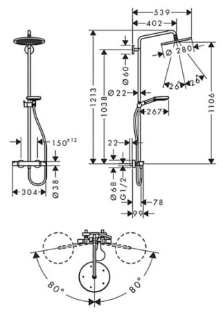 CROMA SELECT S душова система Showerpipe 280, 1jet, з термостатом, з ручним душем Raindance Select S 120, 3jet, шліфований чорний хром — Photo 1