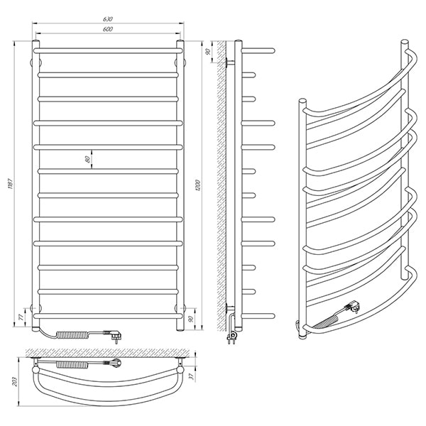 Схема - Електрична рушникосушарка Laris Євромікс П12 600 х 1200 Е (підкл. зліва)